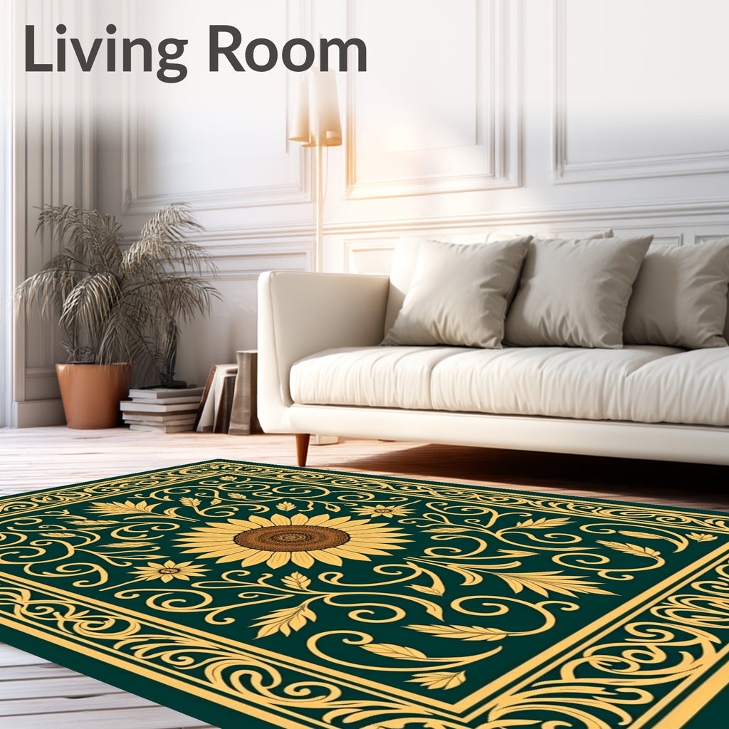 Golden Sunflower Floral Scroll Rug