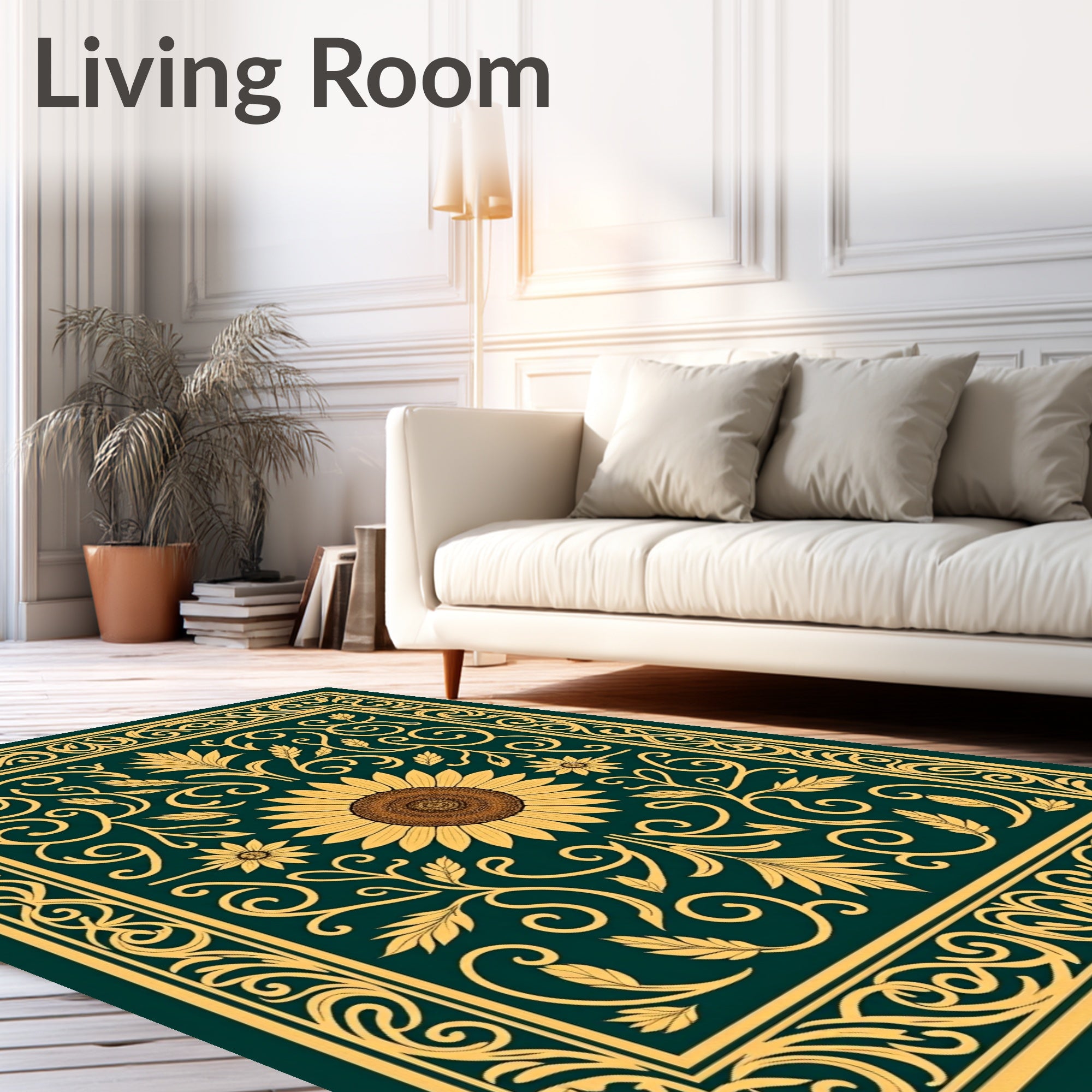 Golden Sunflower Floral Scroll Rug