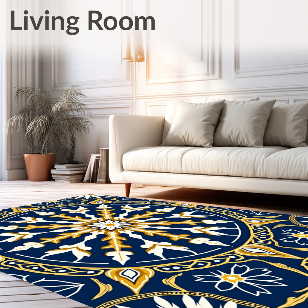 Deep Blue Golden Medallion Flower Rug