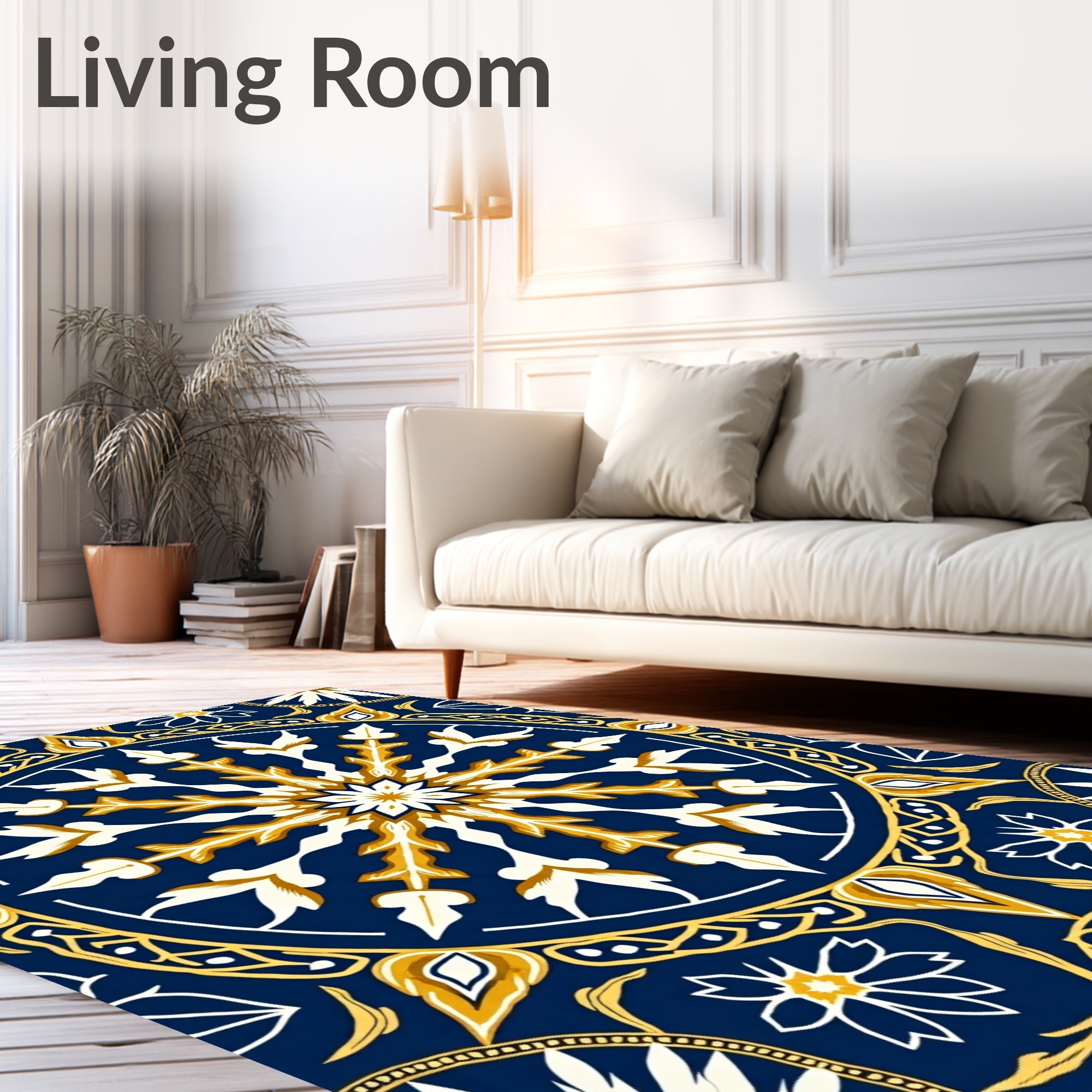 Deep Blue Golden Medallion Flower Rug