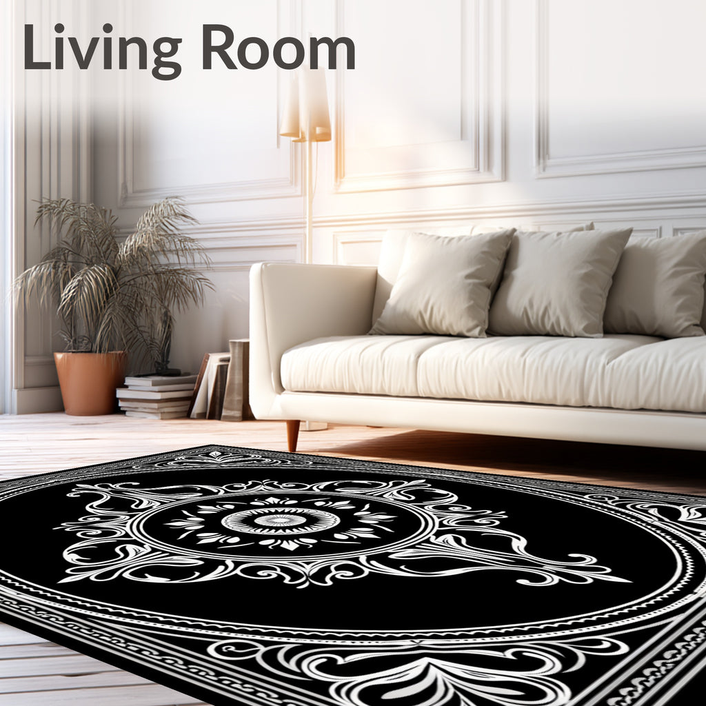 Bold Black White Oval Medallion Rug