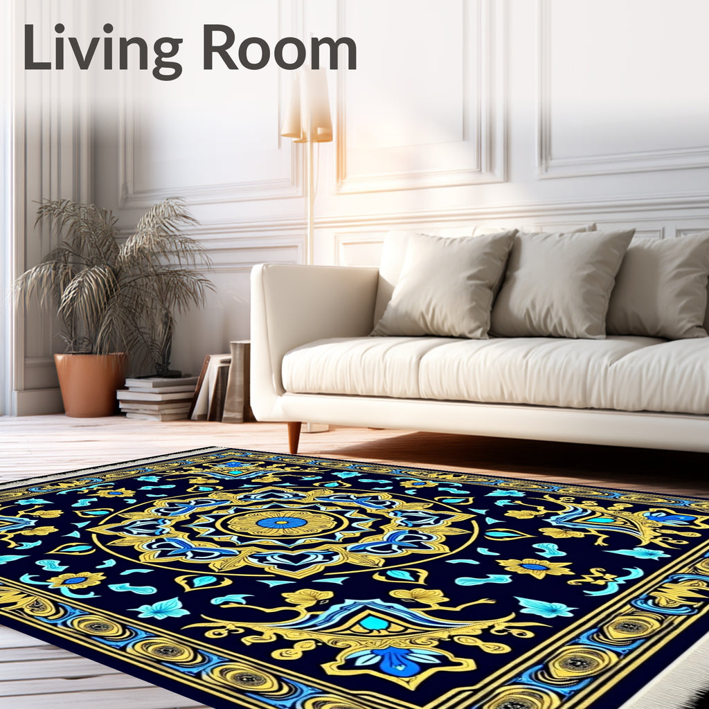 Ornate Blue Gold Floral Medallion Rug
