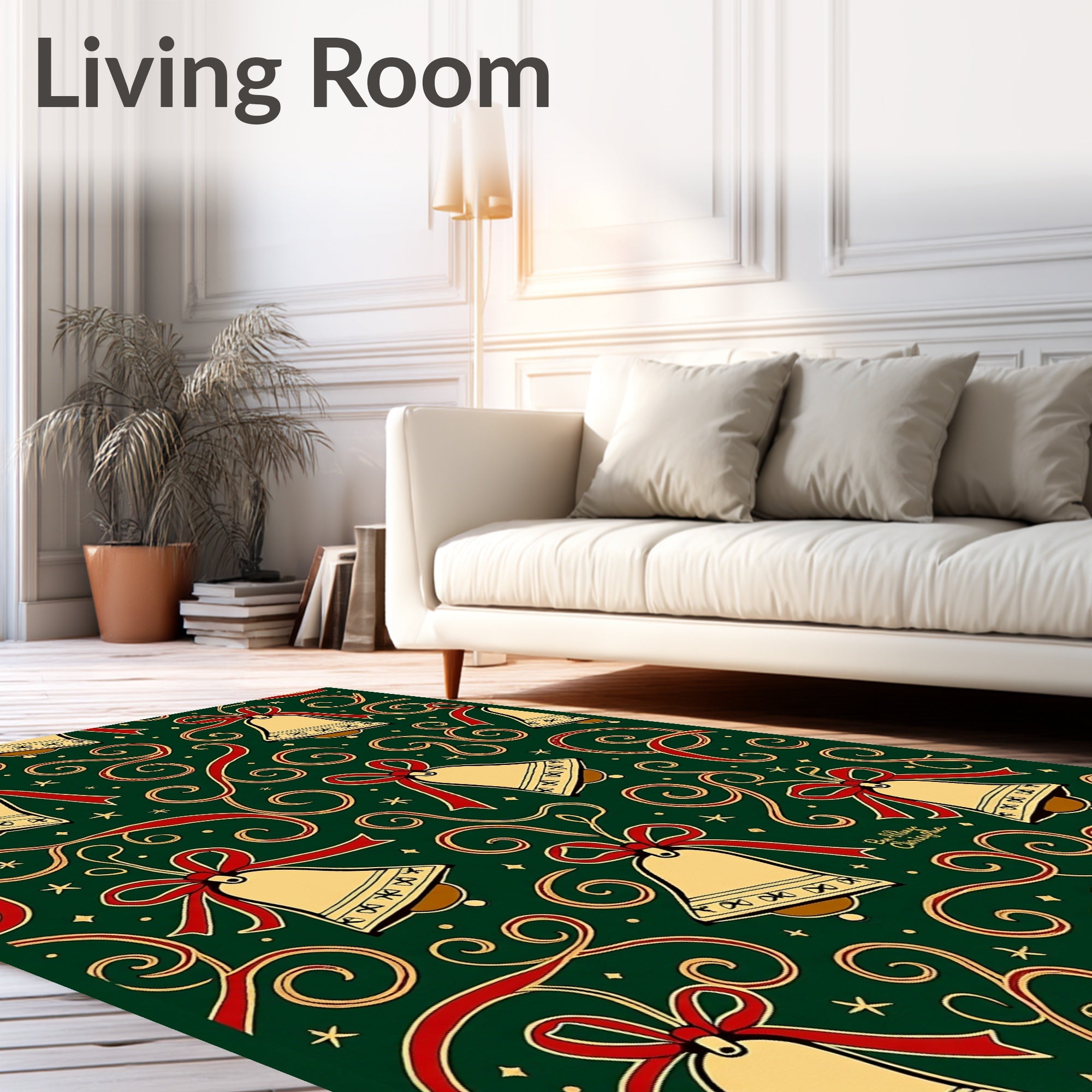 Festive Gold Bells Red Ribbons Swirls Rug
