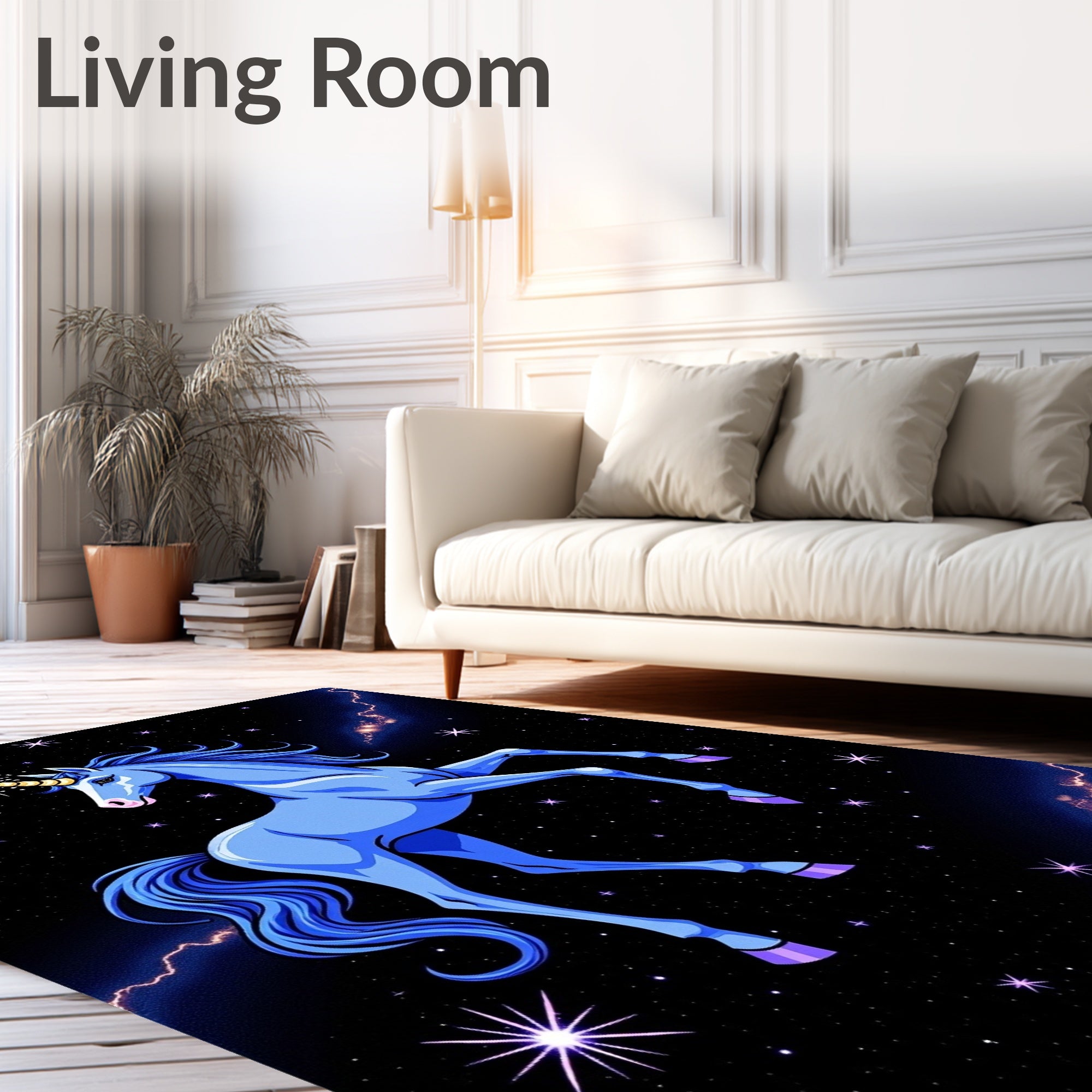 Cosmic Blue Unicorn Stars Lightning Rug