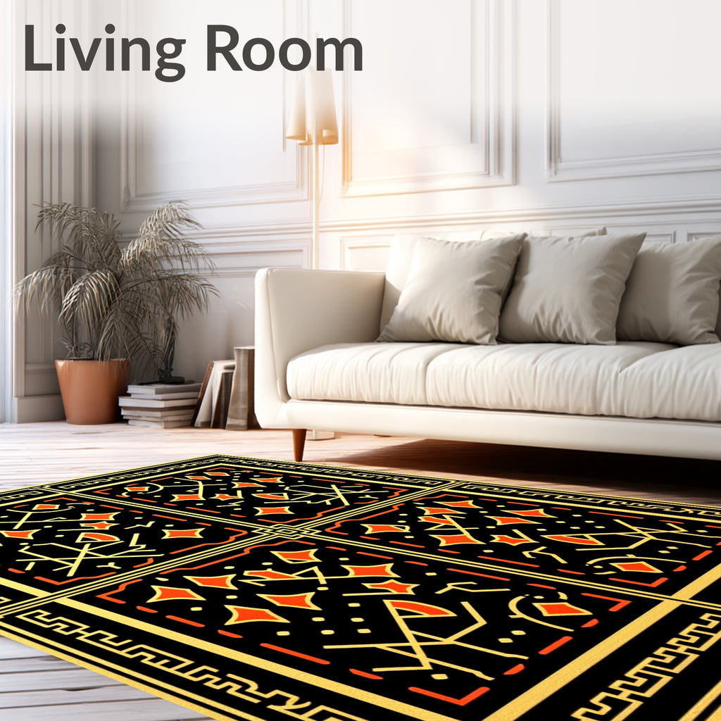 Geometric Orange Diamond Black Gold Border Rug