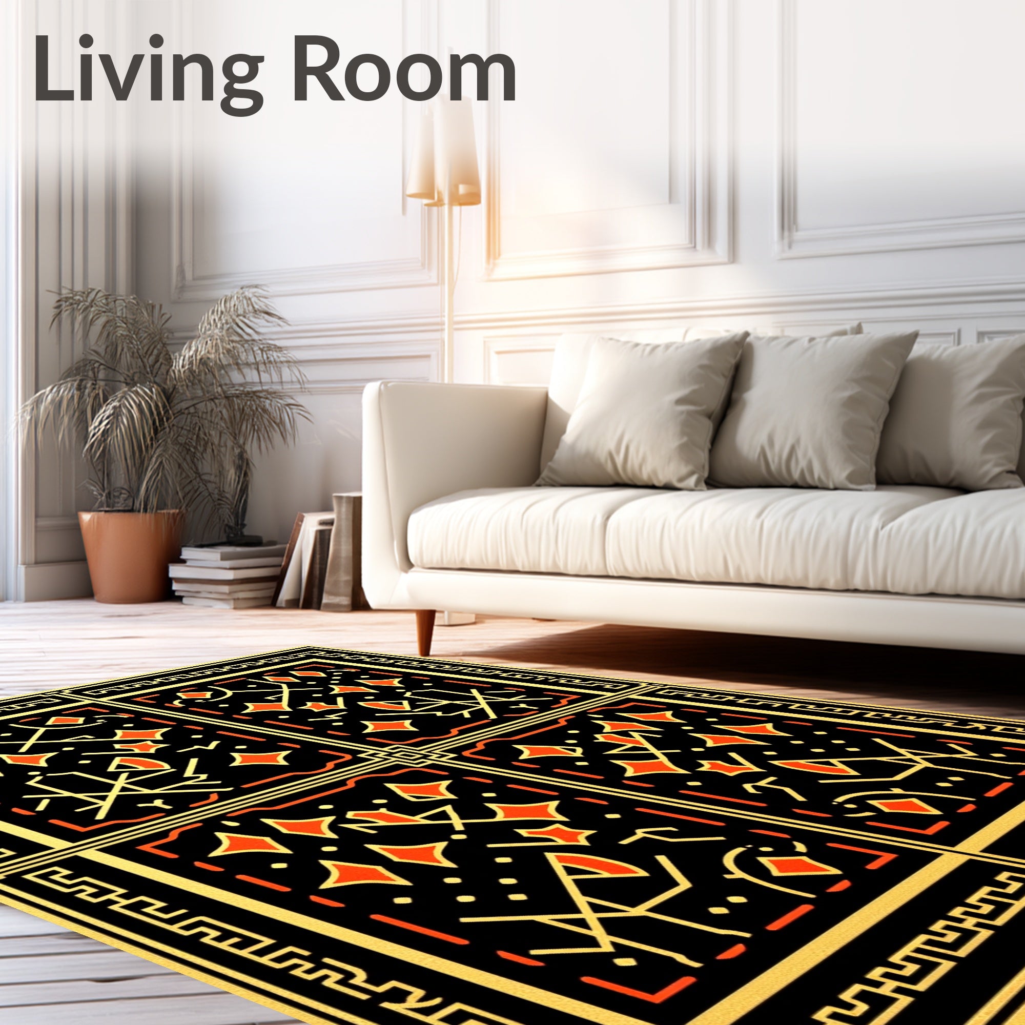 Geometric Orange Diamond Black Gold Border Rug