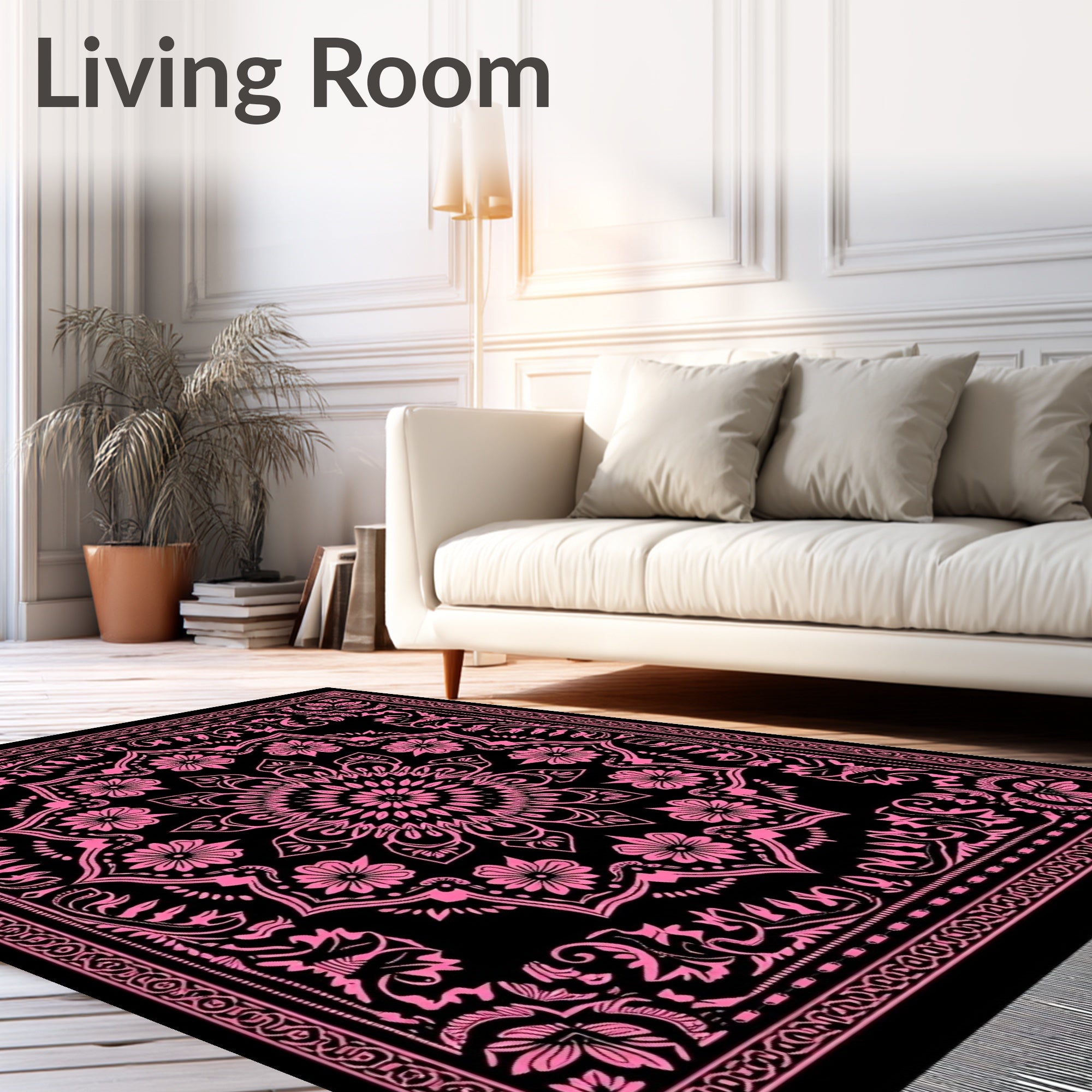 Hot Pink Mandala Floral Black Rug