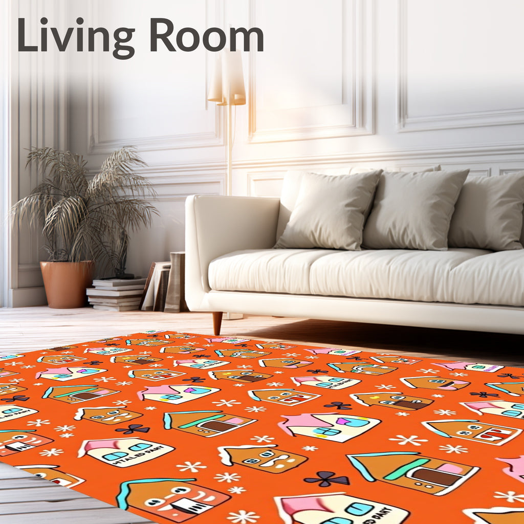 Gingerbread Houses Orange Whimsical Village Rug