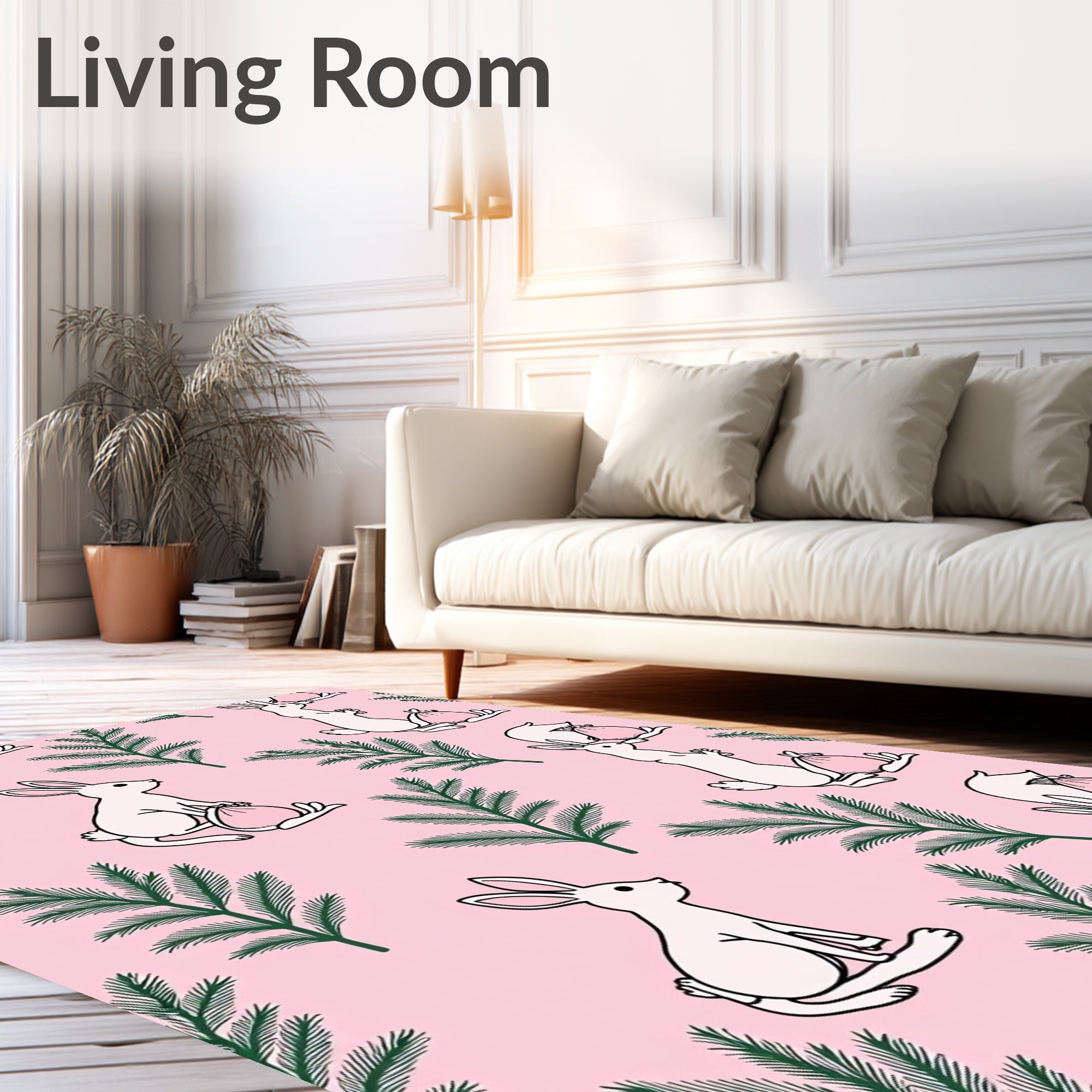 Pink Bunny Green Fir Branches Rug