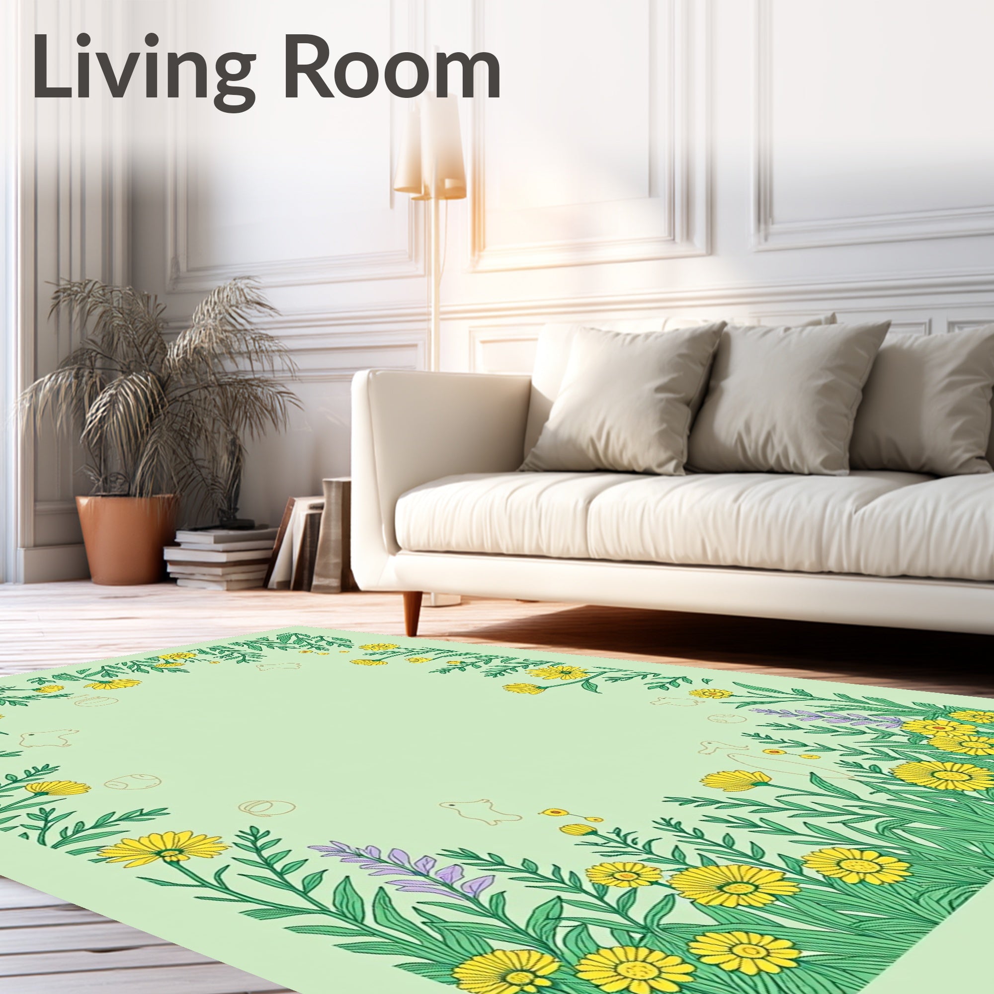 Whimsical Yellow Daisy Garden Scene Rug