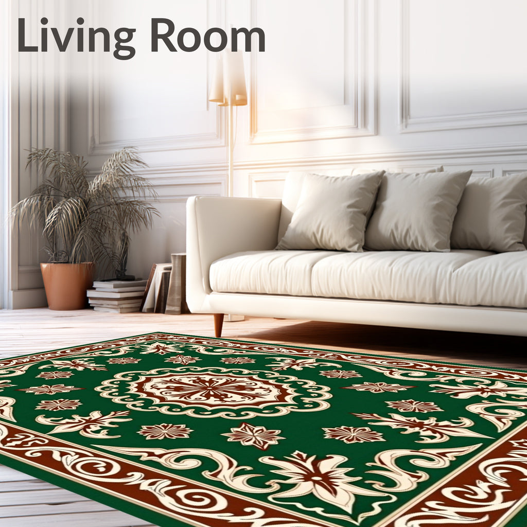 Deep Emerald Scroll Border Bloom Rug