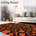 Vibrant Orange Bird Floral Scroll Rug