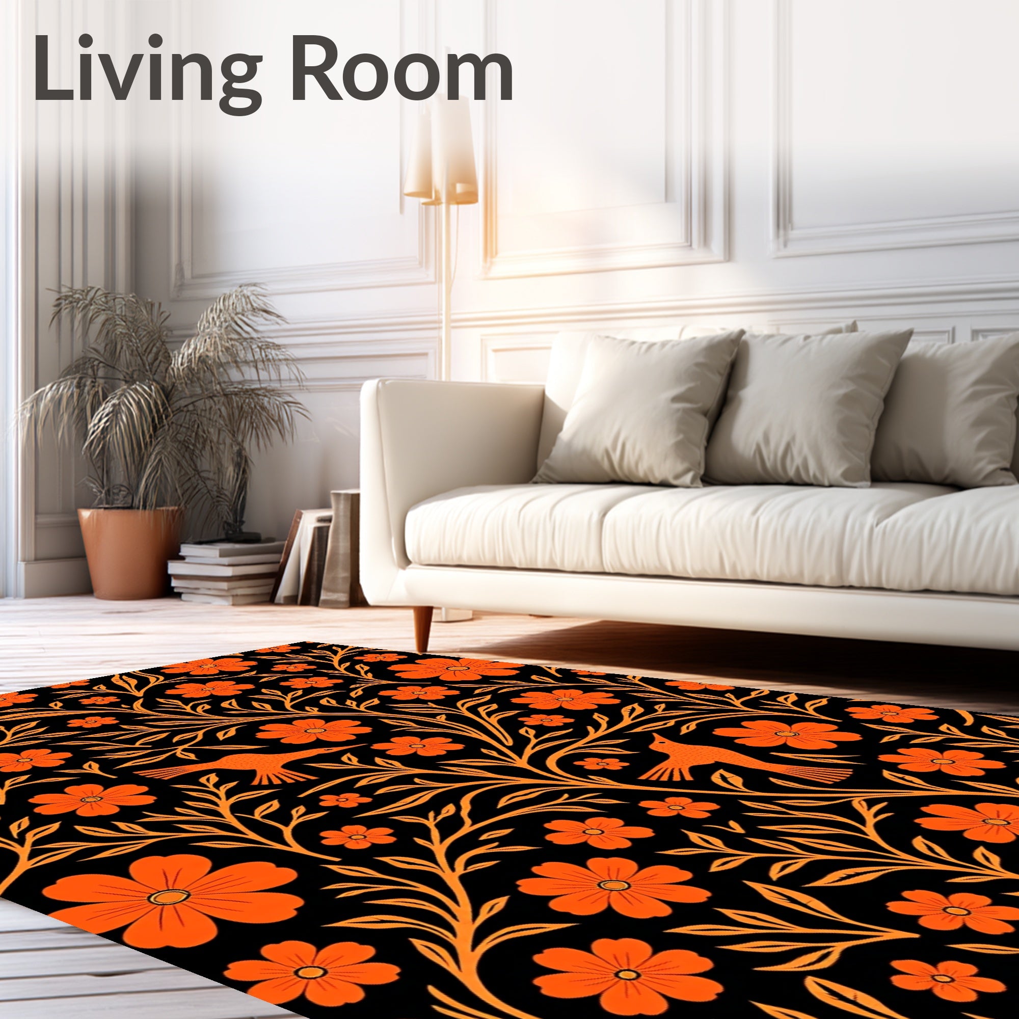 Vibrant Orange Bird Floral Scroll Rug
