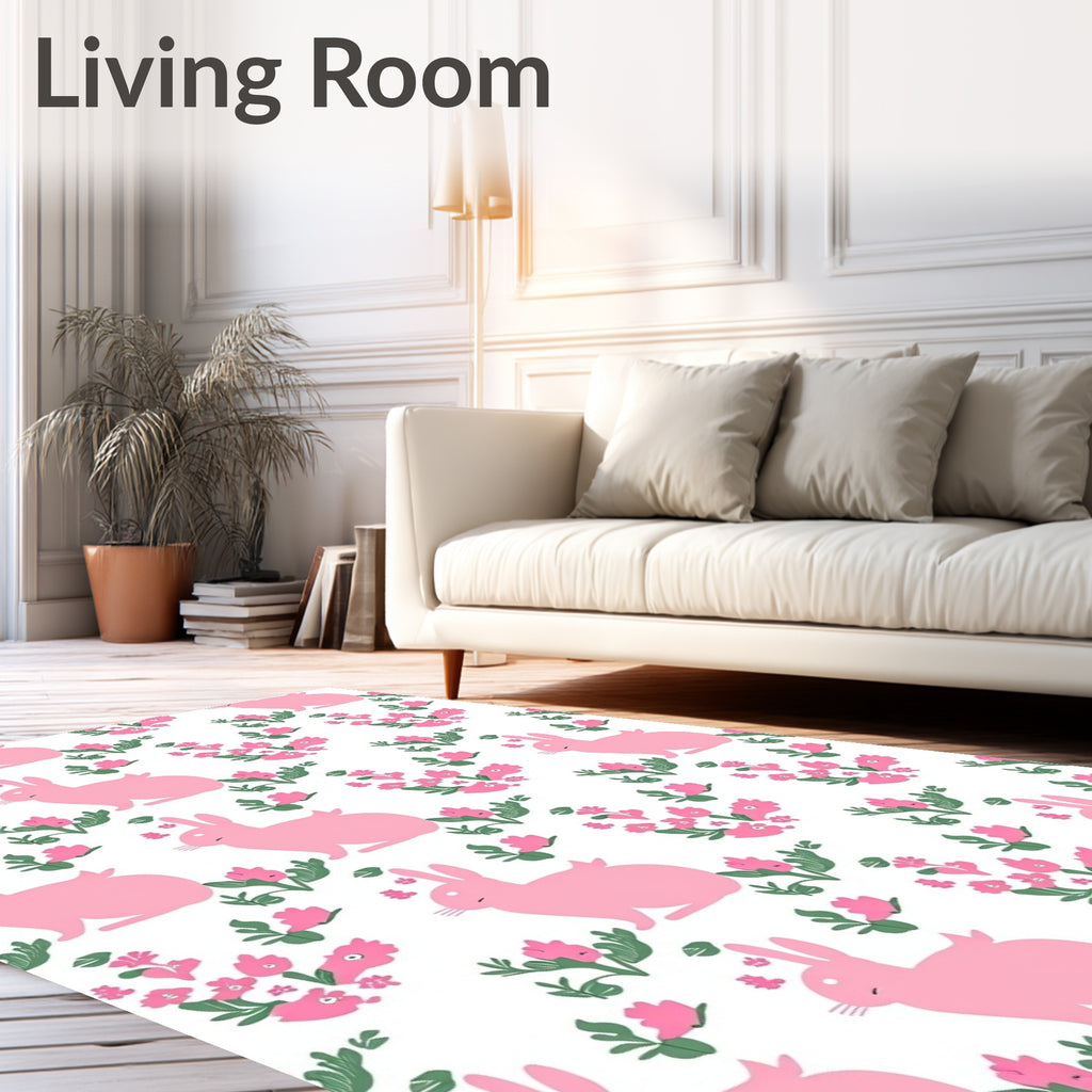 Pink Rabbit Floral Watercolor Rug