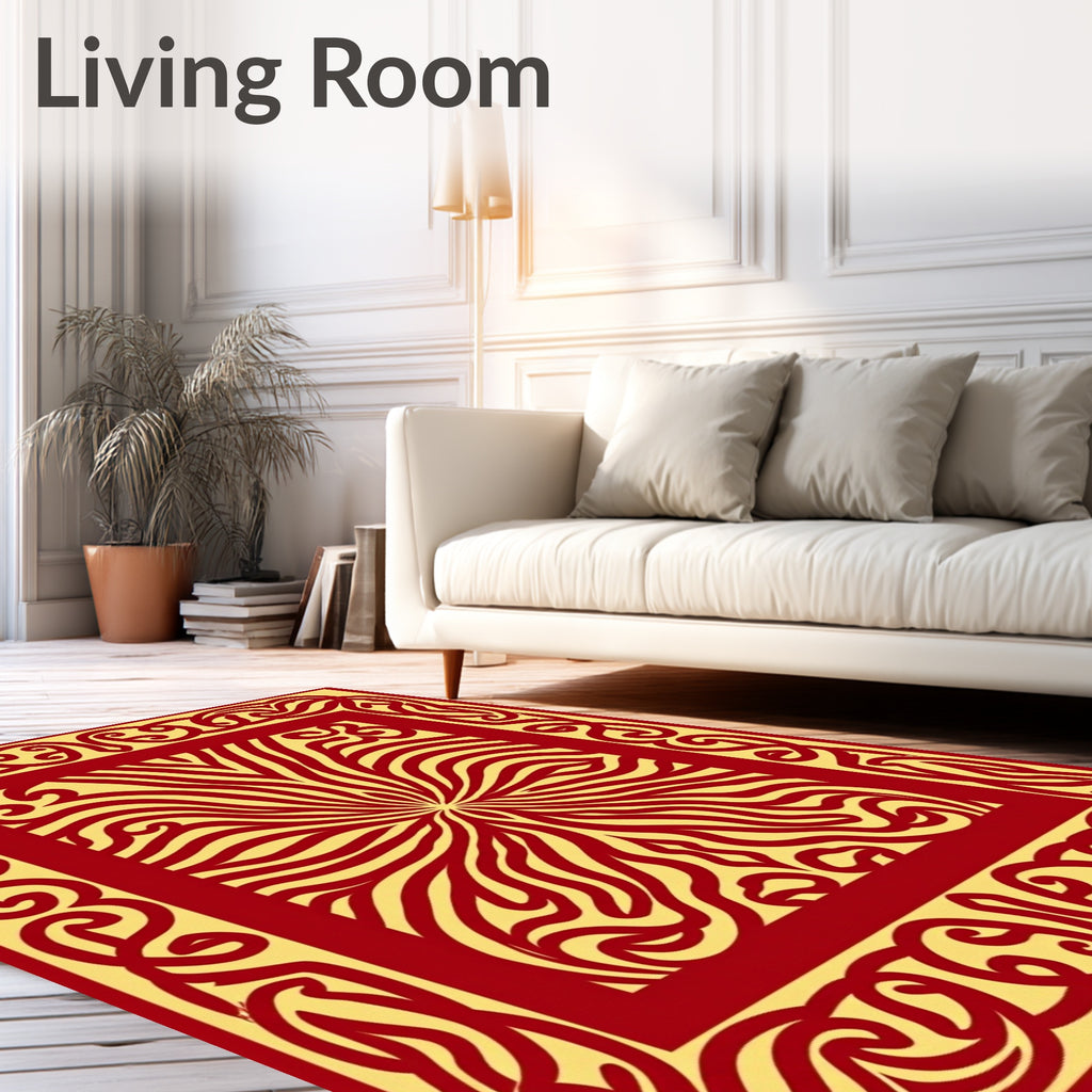 Crimson Golden Sunburst Border Rug