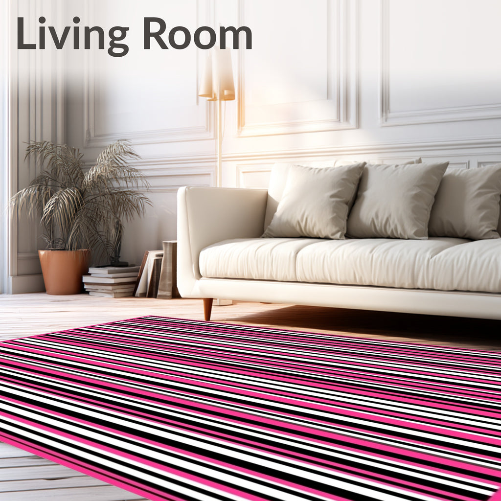 Vibrant Pink Black White Stripe Rug