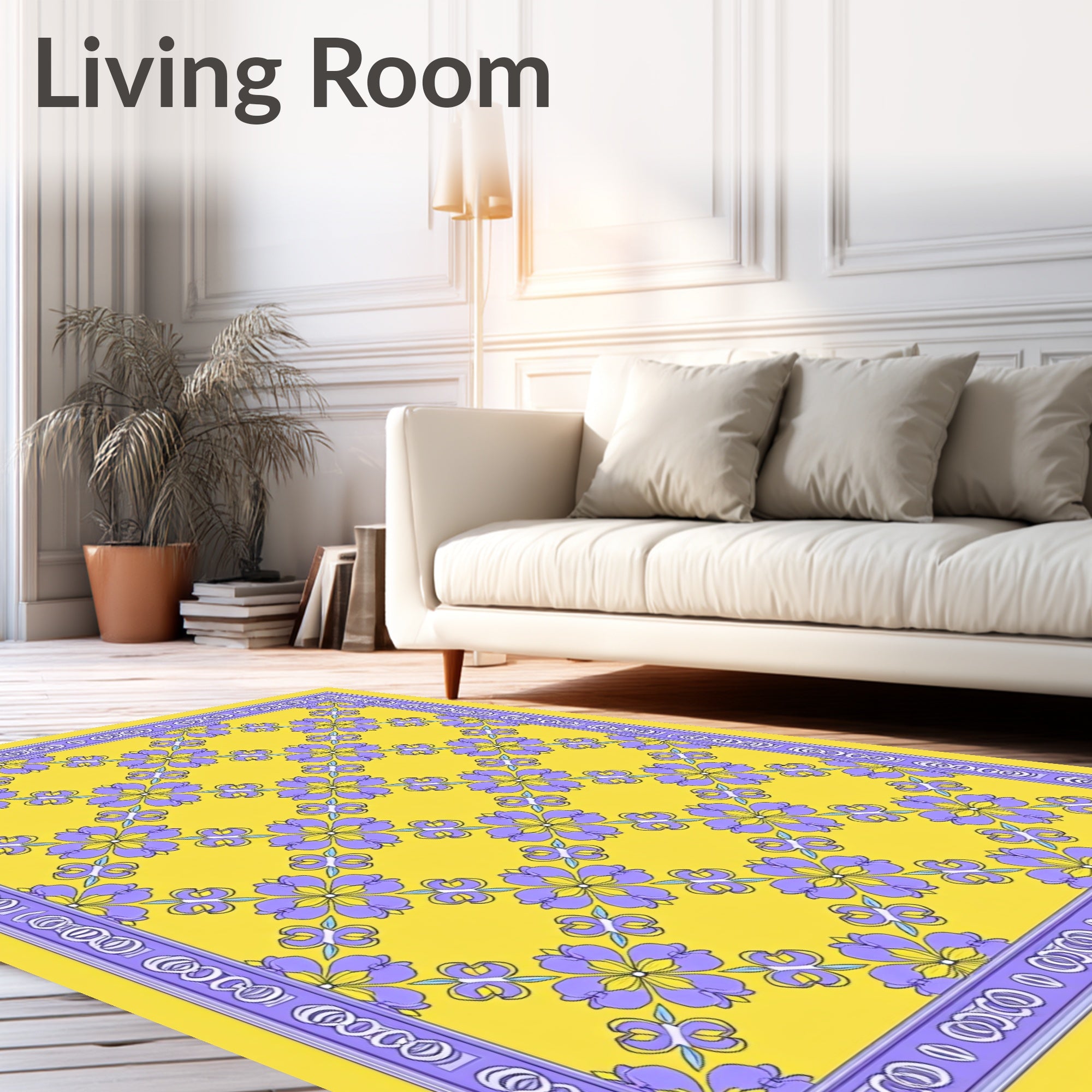 Purple Floral Lattice Yellow Rug