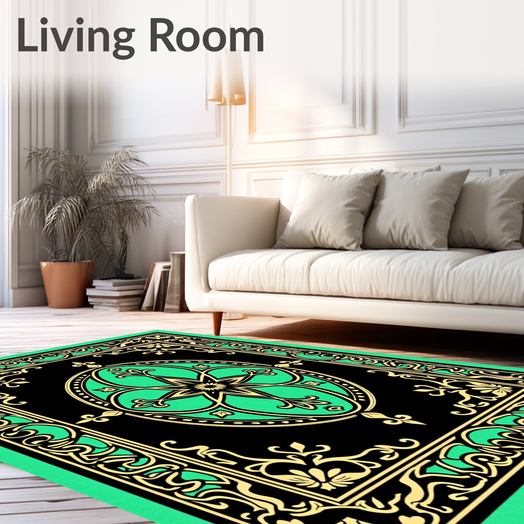Ornate Emerald Floral Scrollwork Rug