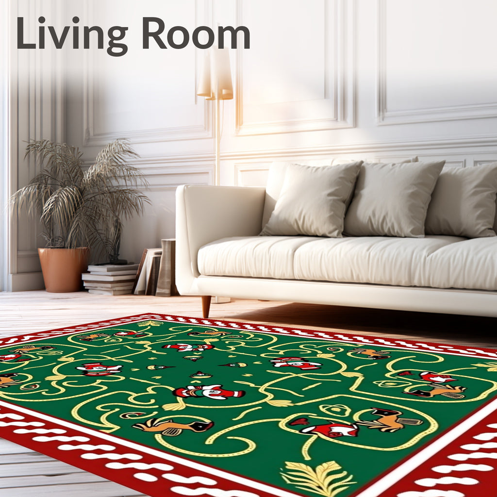 Emerald Green Folk Art Animal Scene Rug