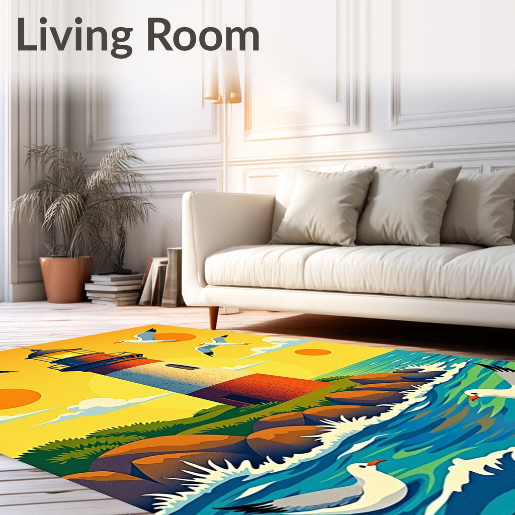 Coastal Seagulls And Lighthouse Sunset Rug