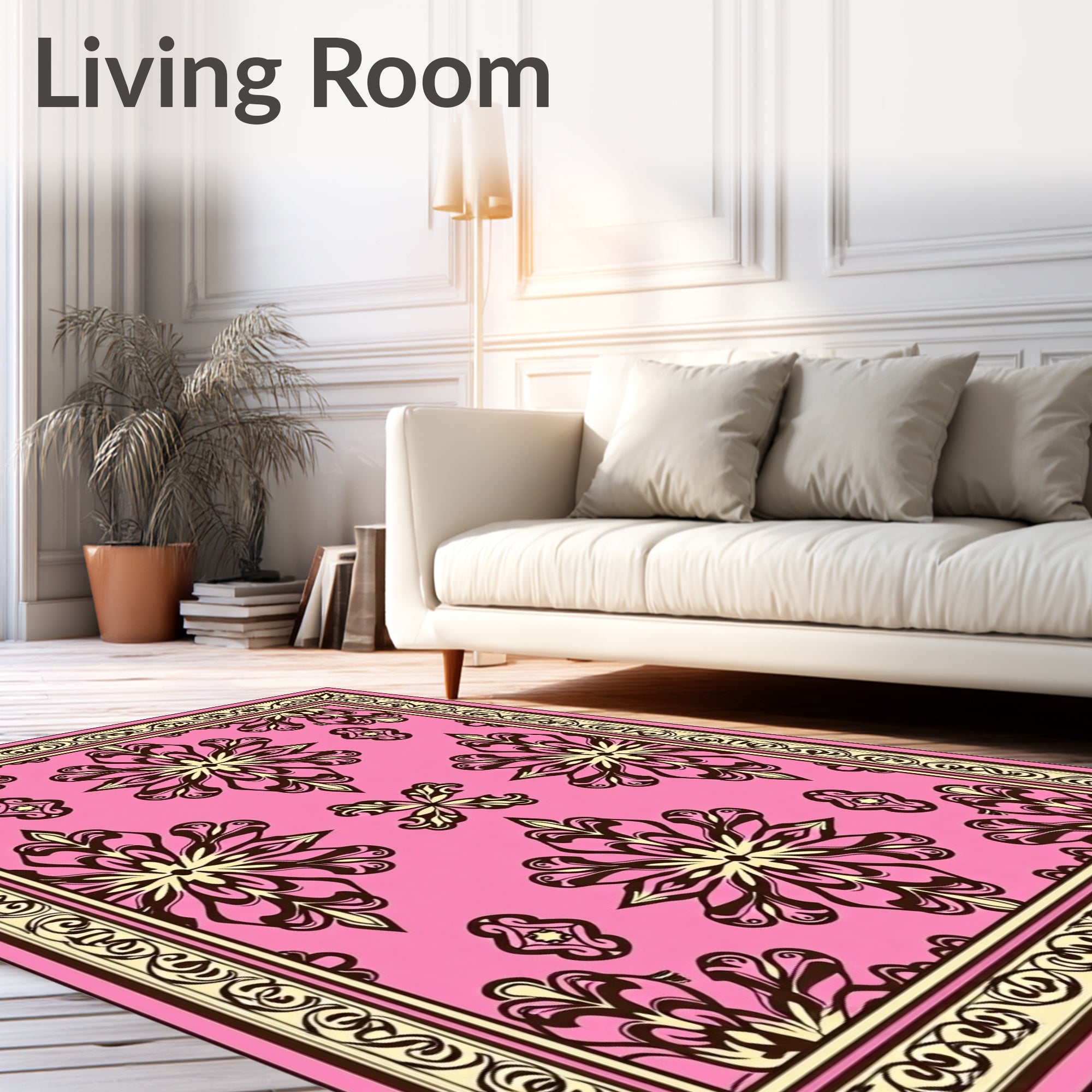 Pink Floral Medallion Scroll Border Rug