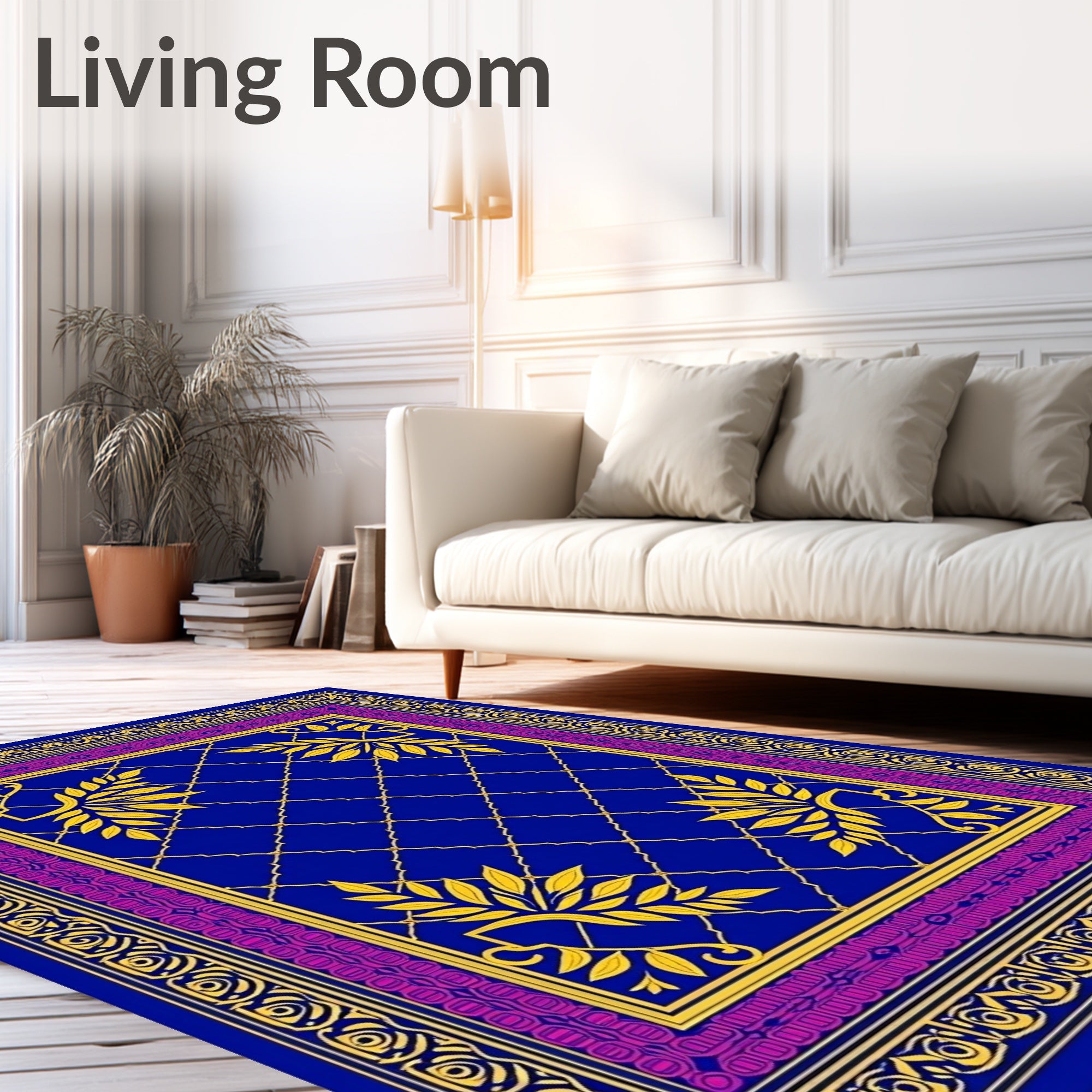 Rich Blue Golden Leaf Border Rug