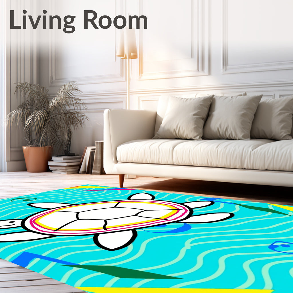 Whimsical White Turtle Ocean Waves Rug