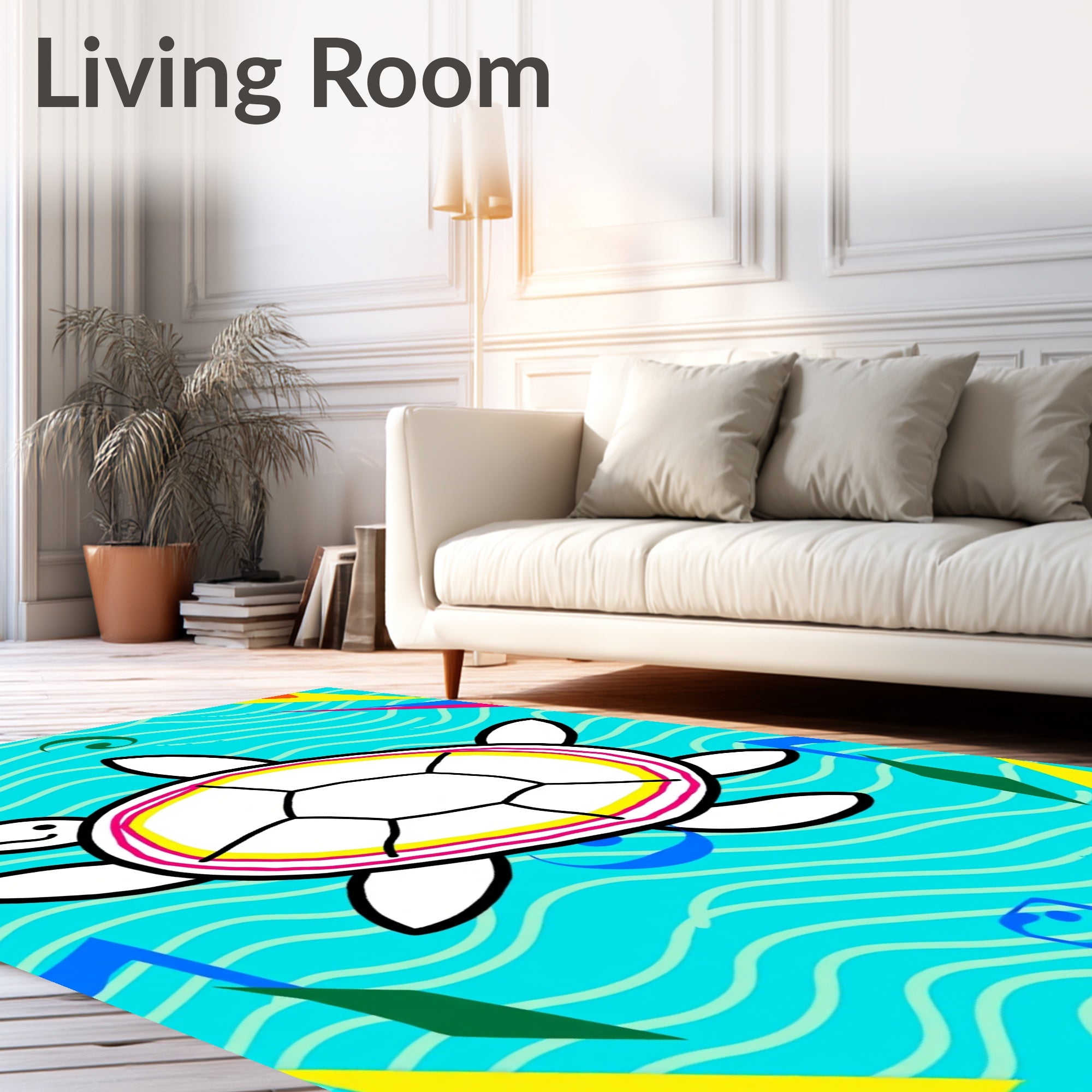 Whimsical White Turtle Ocean Waves Rug