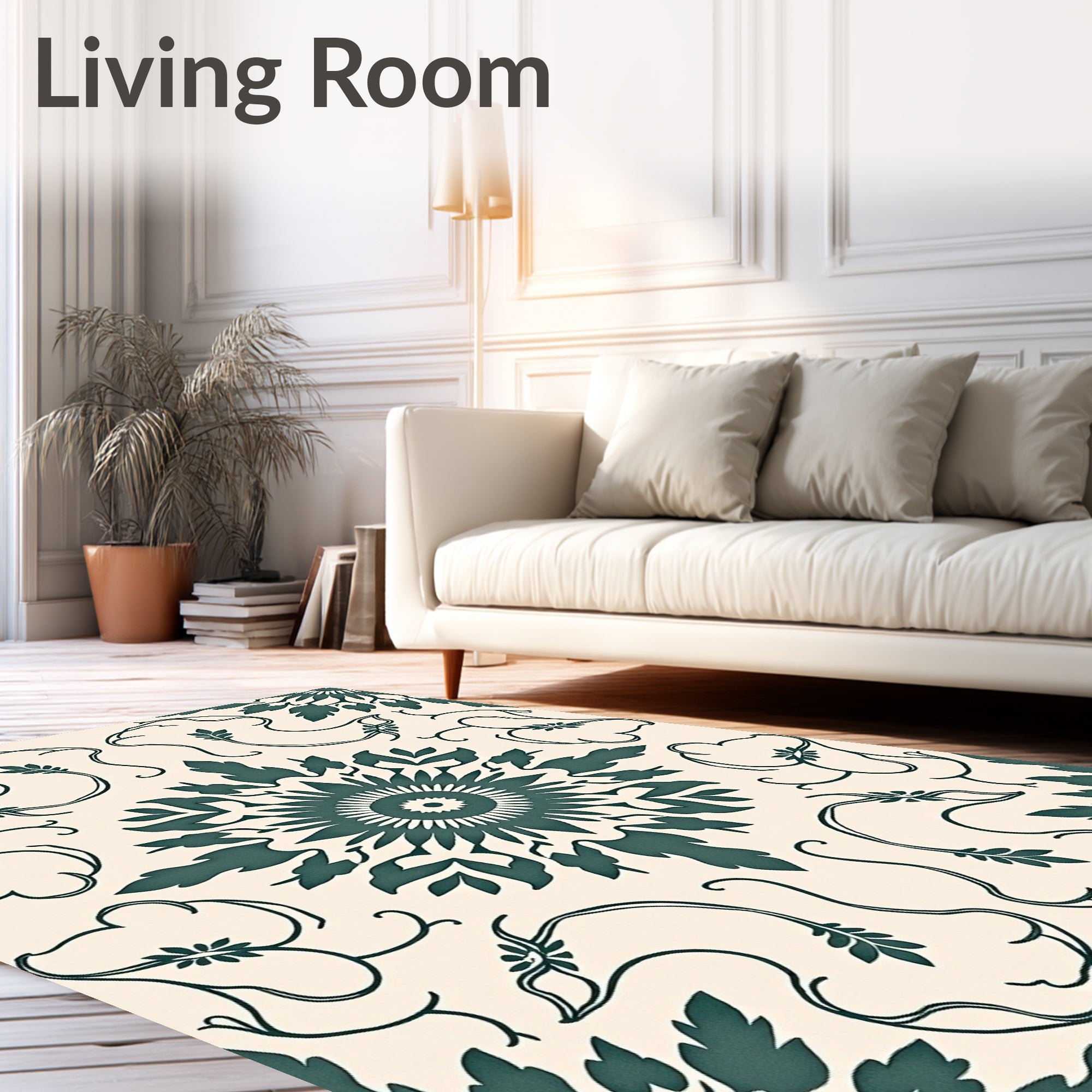 Jade Green Floral Medallion Ivory Rug