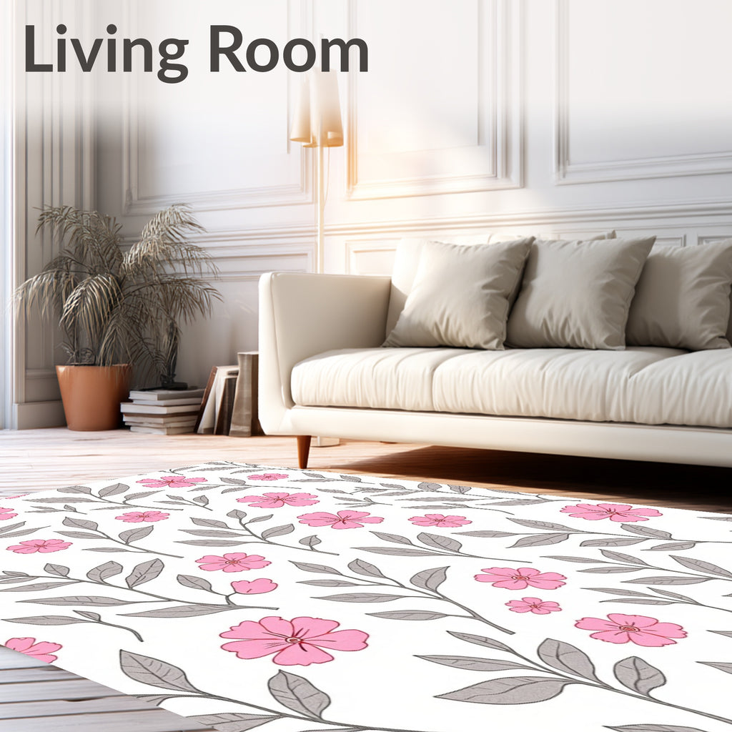 Pastel Pink and Gray Floral Branch Rug