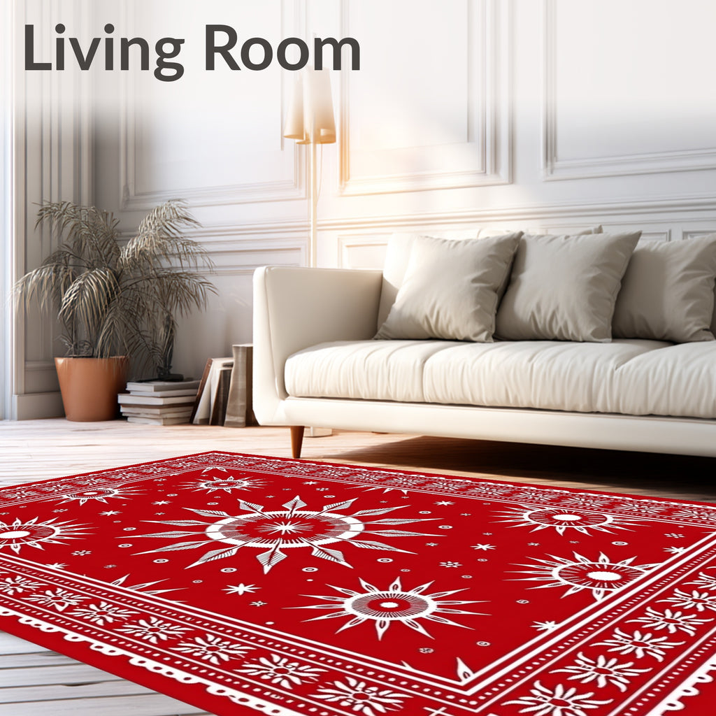 Vibrant Red Sunburst Mandala Border Rug