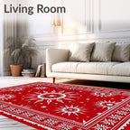 Vibrant Red Sunburst Mandala Border Rug