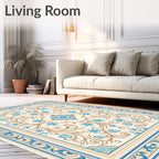Cream Blue Floral Scrollwork Medallion Rug