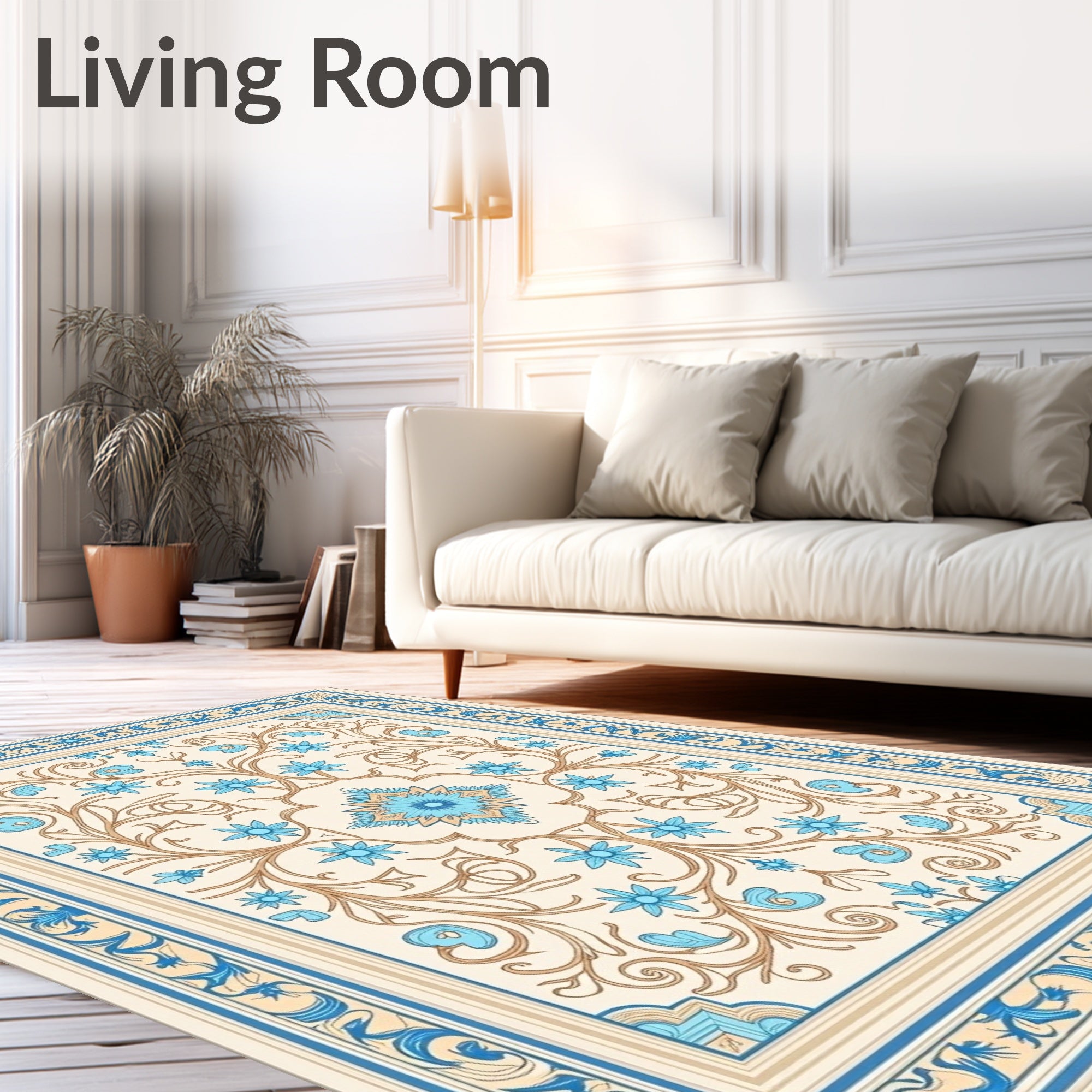 Cream Blue Floral Scrollwork Medallion Rug