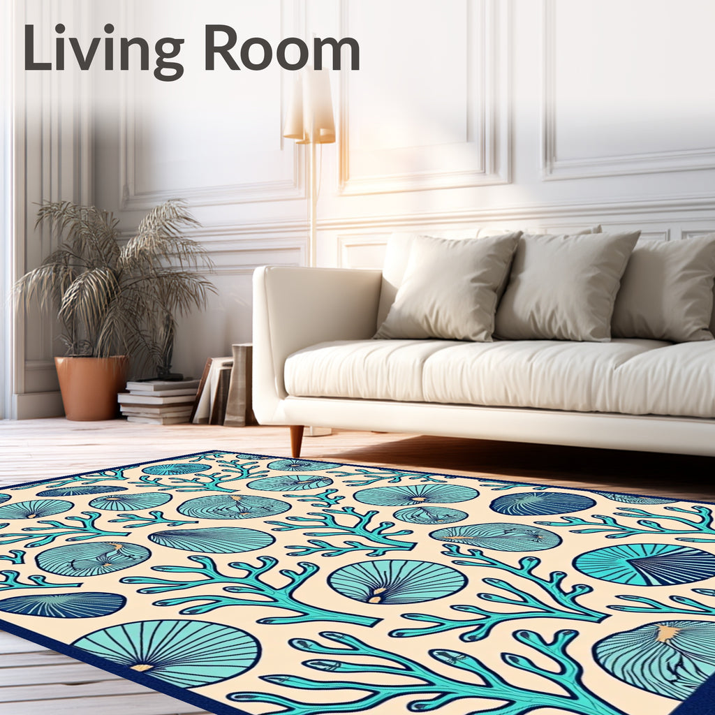 Coastal Teal Coral Shell Collection Rug