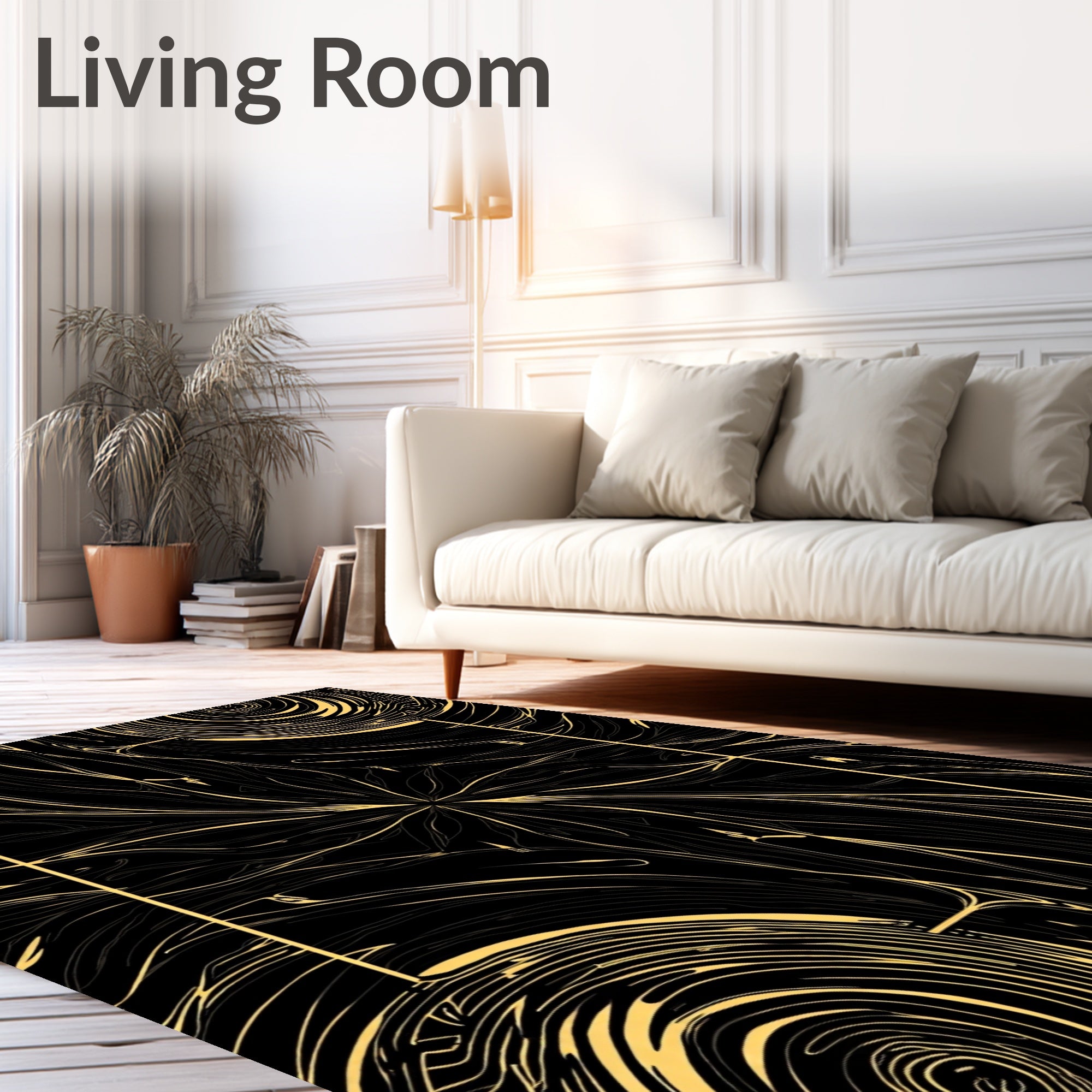 Black Gold Swirling Organic Lines Rug