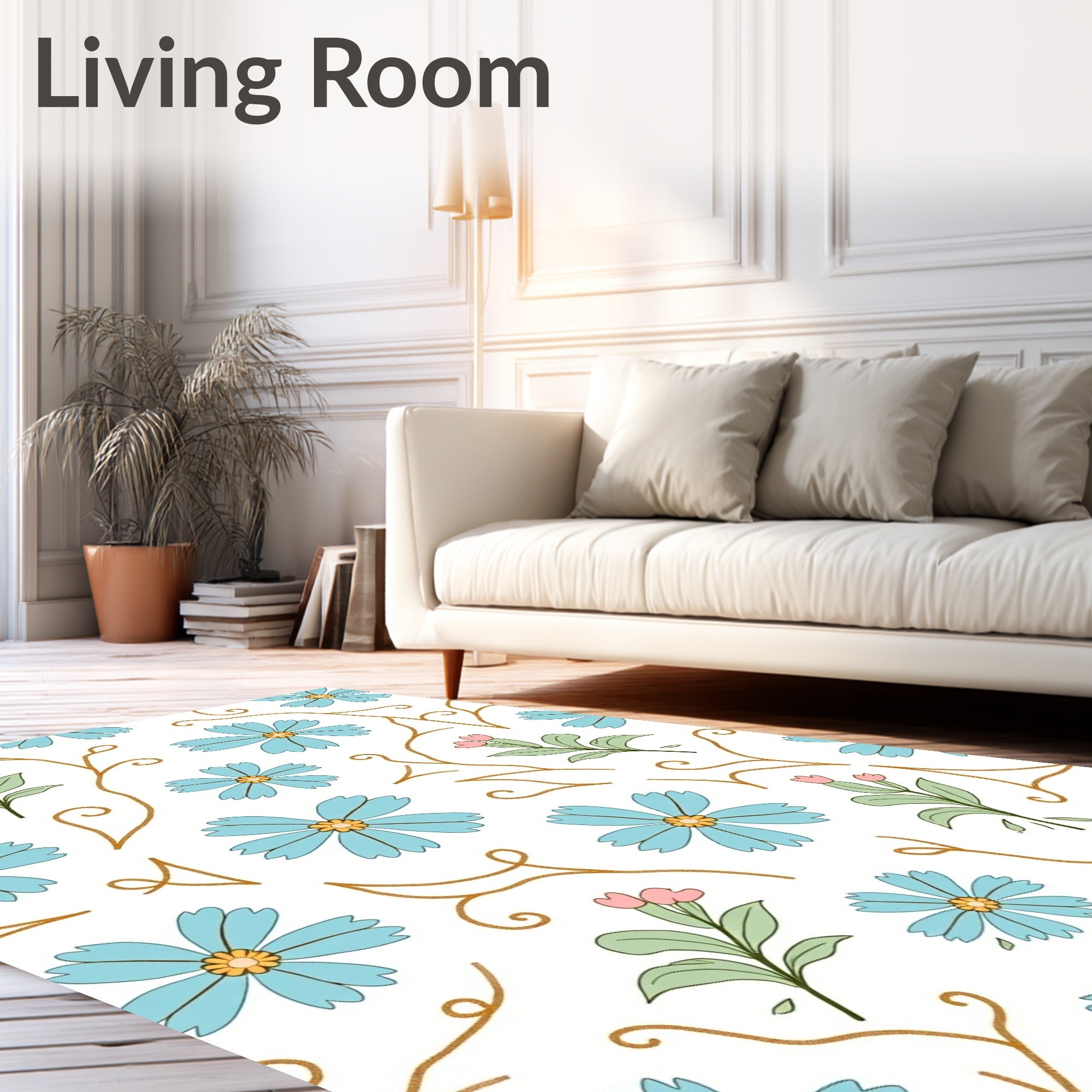 Light Blue Floral Cream Vine Rug