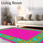 Vibrant Cyan Gold Nouveau Frame Rug