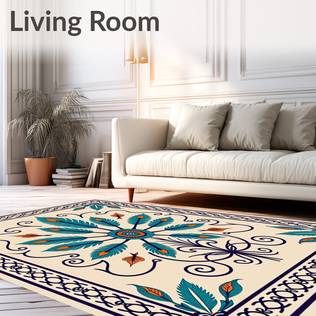 Teal Orange Feather Mandala Border Rug