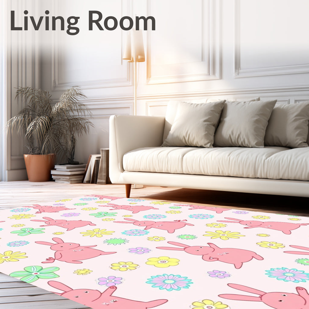 Playful pink bunnies flower meadow Rug