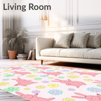 Playful pink bunnies flower meadow Rug
