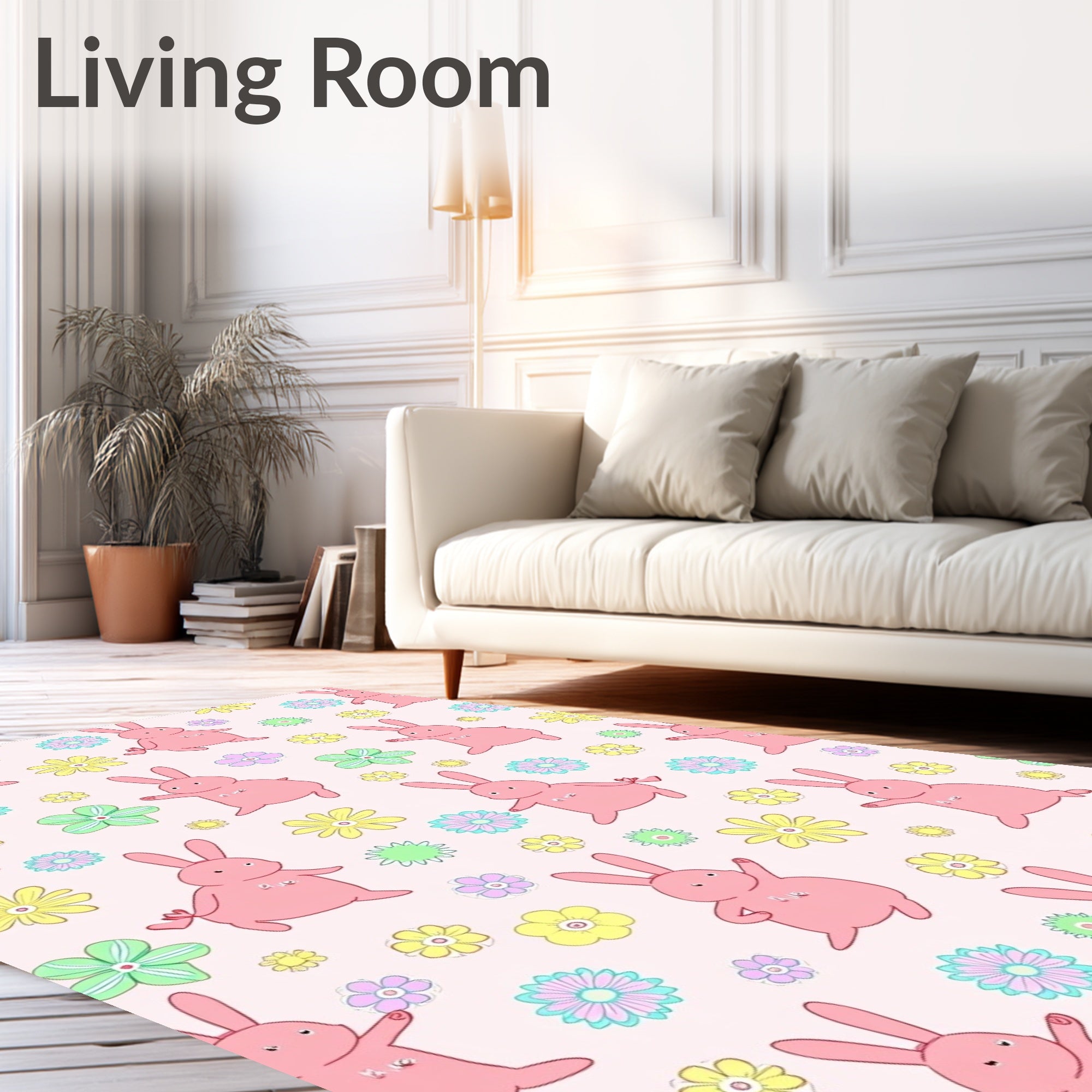 Playful pink bunnies flower meadow Rug
