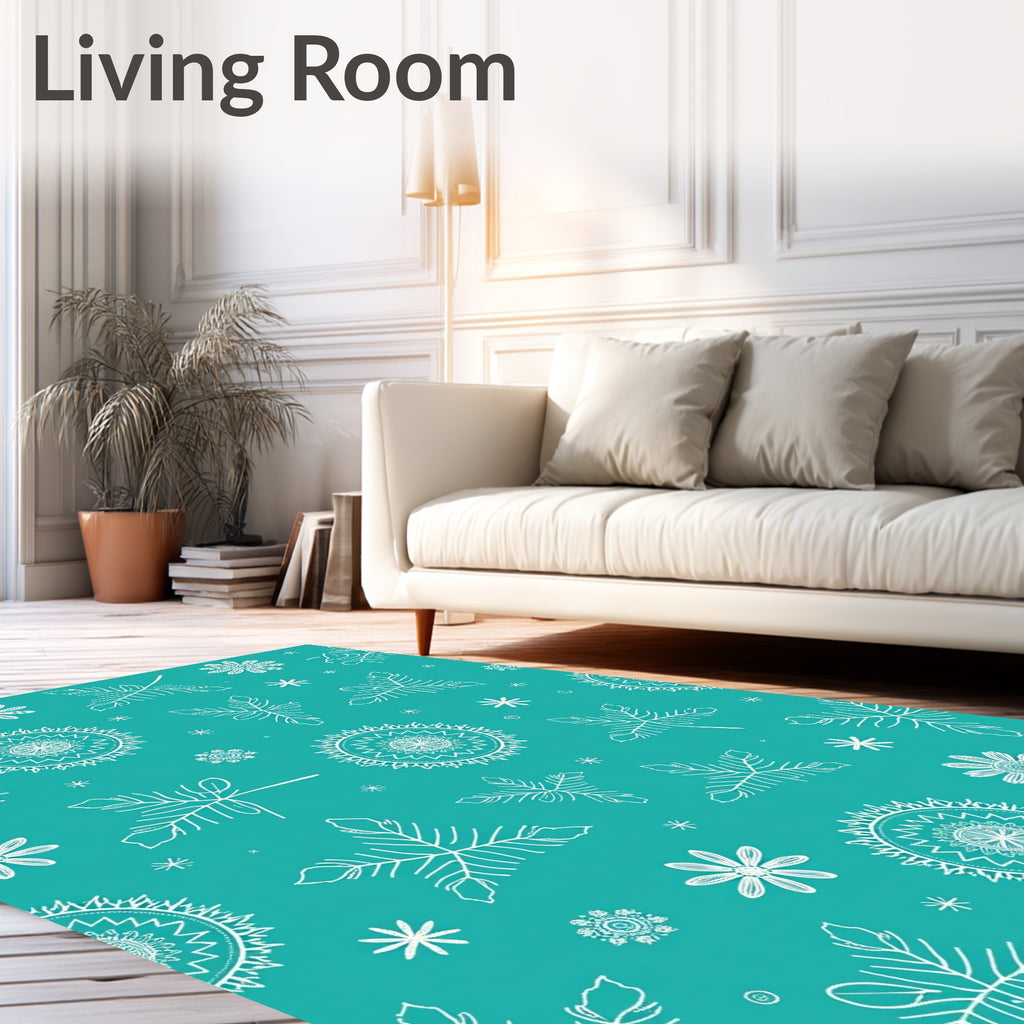 Teal White Leaf and Starburst Medallion Rug