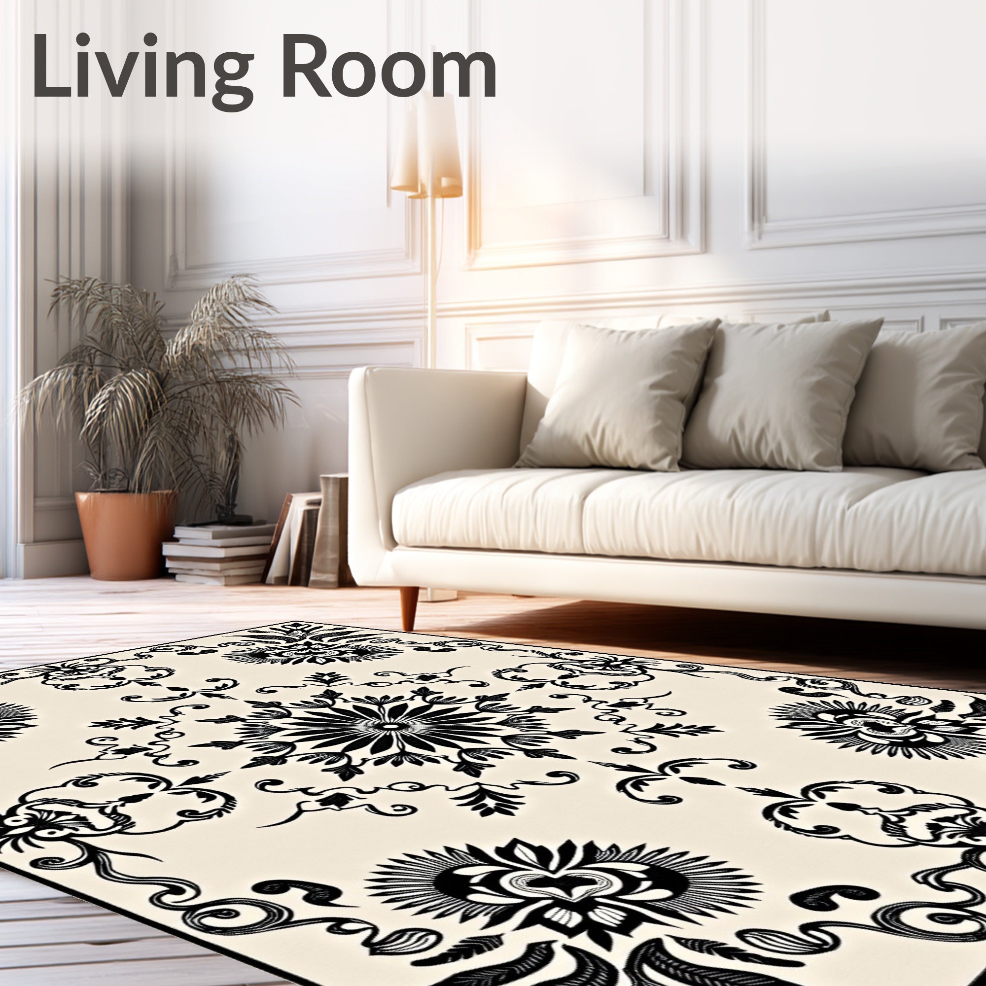 Black and Cream Floral Symmetry Rug