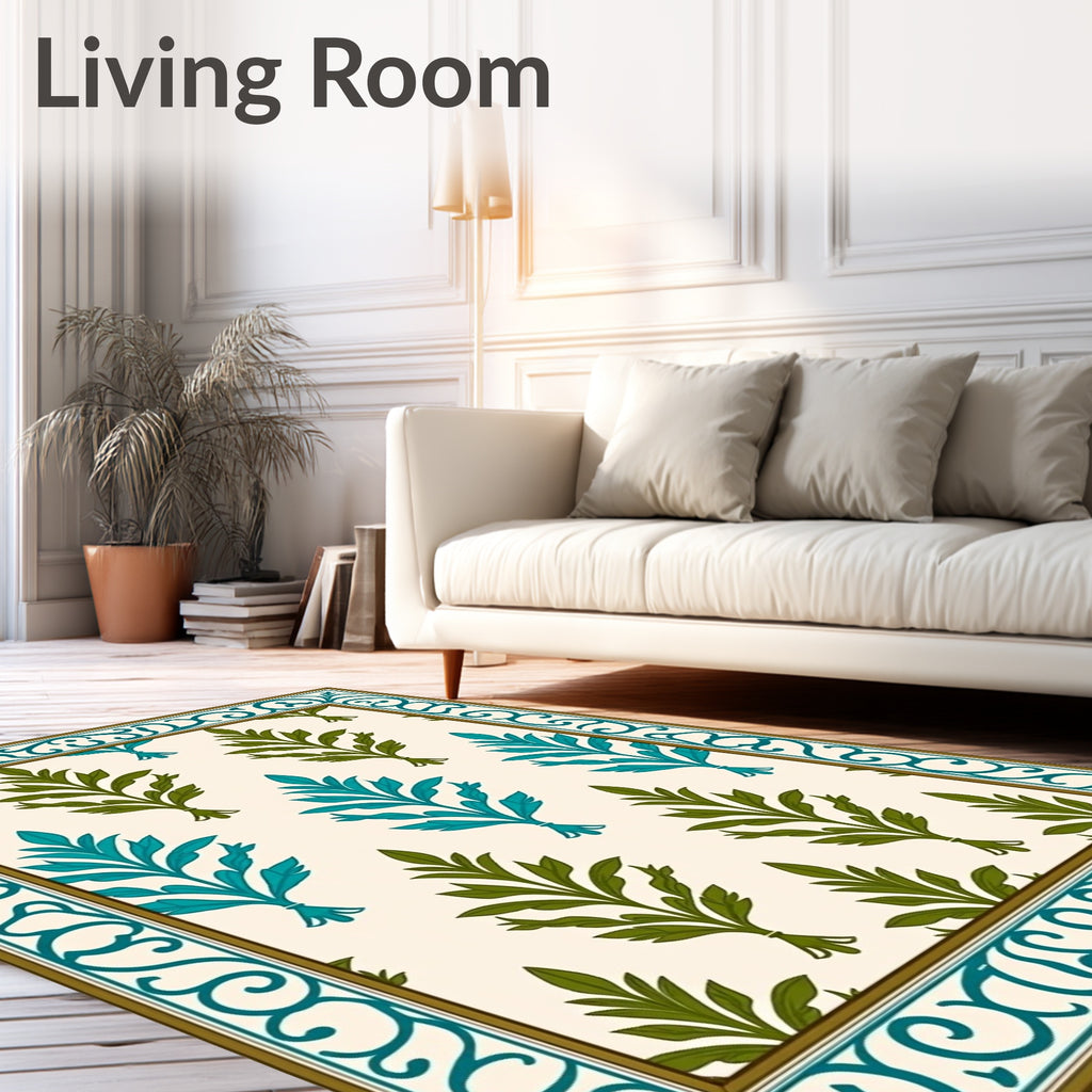 Teal and Olive Leaf Border Rug