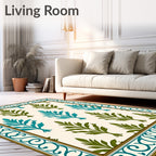 Teal and Olive Leaf Border Rug