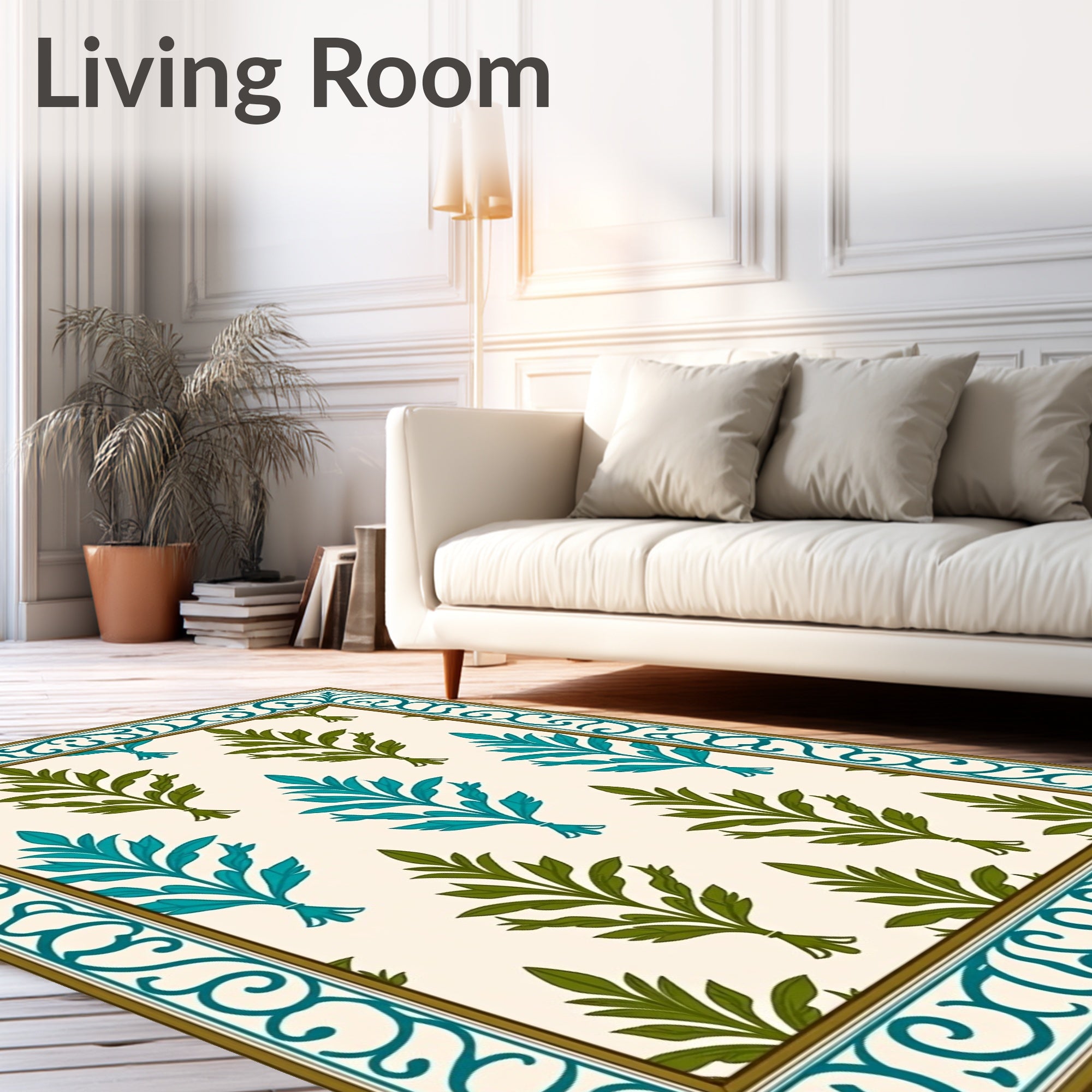 Teal and Olive Leaf Border Rug