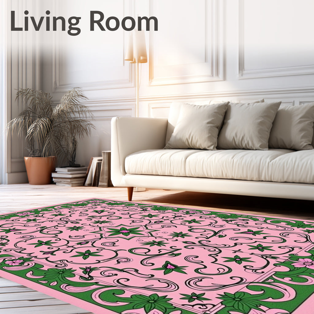 Pink Floral Scrollwork Art Deco Rug