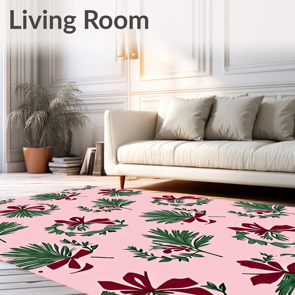 Botanical Wreath Crimson Bow Pink Background Rug
