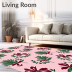 Botanical Wreath Crimson Bow Pink Background Rug
